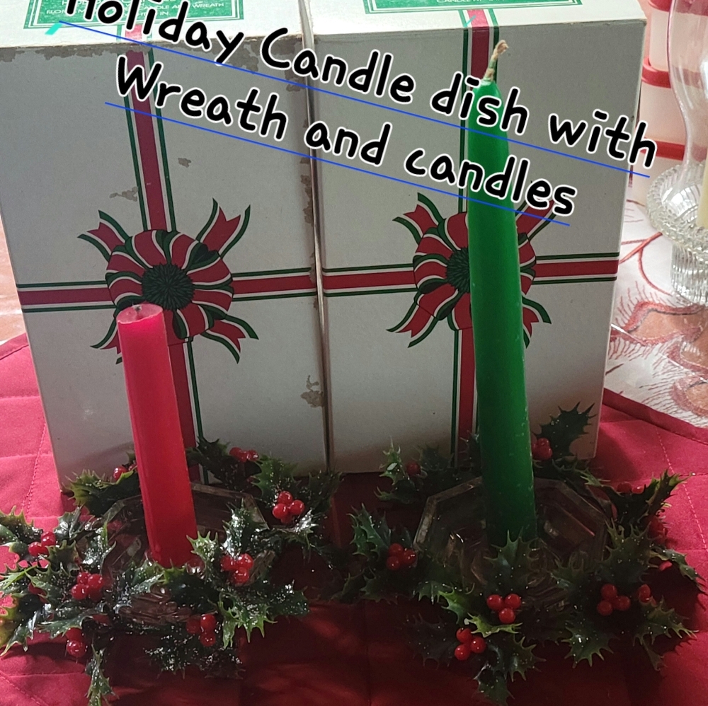 Holiday Candle Dish Set with Wreath and Candles